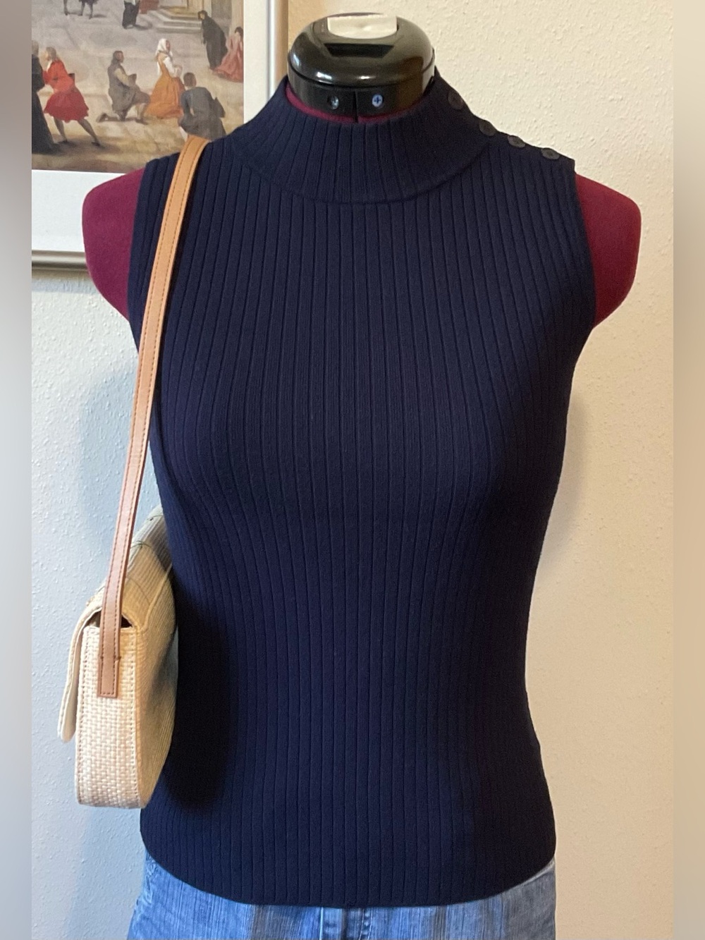 Talbots Navy Blue Sleeveless Ribbed Mock Neck Sweater